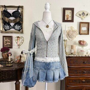 y2k scenecore twee girly grunge heart print cropped zip up hooded sweater